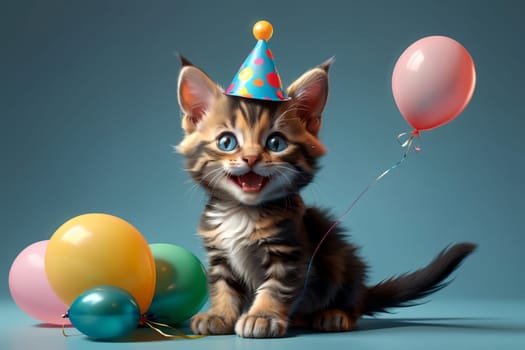 cute kitten in a festive cap with a balloon, birthday .
