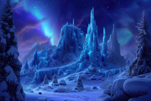 A magical winter wonderland at night, with ice castles, aurora borealis in the sky, and mystical creatures wandering in the snow-covered landscape. Resplendent.