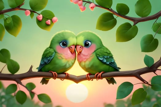 parrots in love hugging on a branch, Valentine's Day, greeting card .