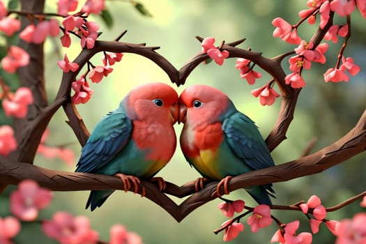 parrots in love hugging on a branch, Valentine's Day, greeting card .