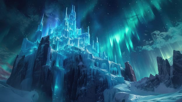 A magical winter wonderland at night, with ice castles, aurora borealis in the sky, and mystical creatures wandering in the snow-covered landscape. C. Resplendent.
