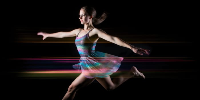 A young female dancer is captured mid-leap in front of a black background. She is wearing a colorful dress with light trails following her movements. AIG51A.