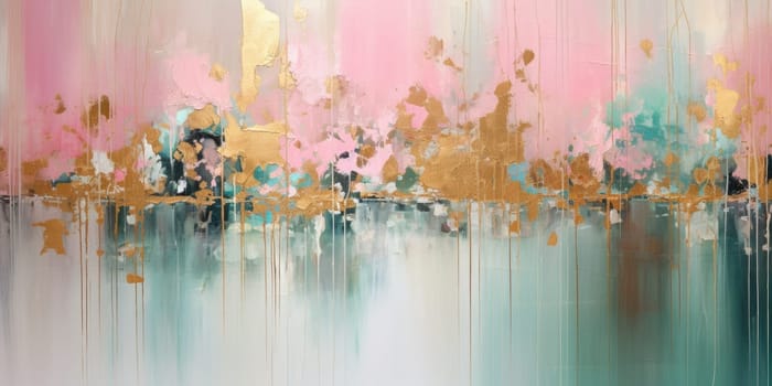 The abstract picture of the gold, pink and green colour that has been painted or splashed on the white blank background wallpaper to form random shape that cannot be describe yet beautiful. AIGX01.