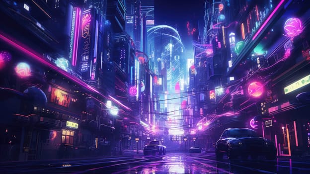 The picture of the neon night time futuristic cyberpunk scifi metropolis yet bright with neon light that fill everywhere of metropolis and fill with tall building and long roadway at night. AIGX01.