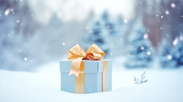 Christmas holiday gift and present, gift box in the snow in snowfall winter countryside nature for boxing day, holidays shopping sale idea