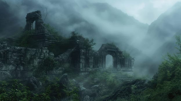 An ancient ruin on a misty mountain, with forgotten temples and overgrown paths. A mysterious fog envelops the scene, creating a sense of mystery and age. Resplendent.