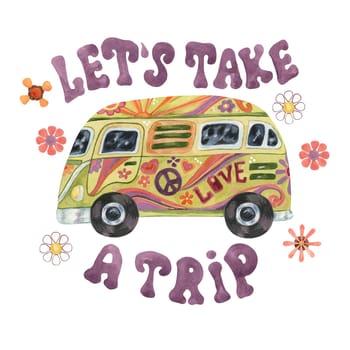 Trippy mushrooms, groovy hippie camper van and let's take a trip slogan print tee with flowers. Retro bus car for road trip in 70s, 60s style. Nostalgic clipart. Hand drawn vintage graphic t shirt