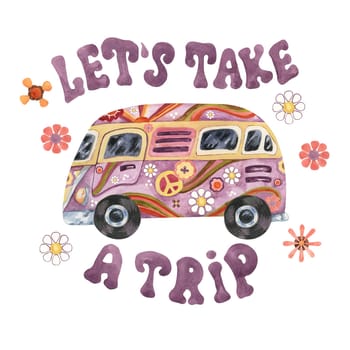 Trippy mushrooms, groovy hippie camper van and let's take a trip slogan print tee with flowers. Retro bus car for road trip in 70s, 60s style. Nostalgic clipart. Hand drawn vintage graphic t shirt