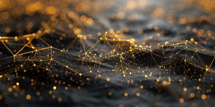 The golden bright sphere shape object that has been connected with the link of the bright line that portray the connection between each sphere to something similar like network or connection. AIGX03.