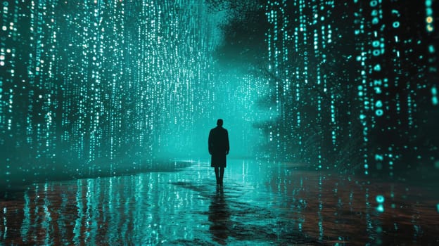 The picture of the single person that has been walking into the endless walkway that has been raining with the digital matrix green binary rain of code that seem like person search something. AIGX01.