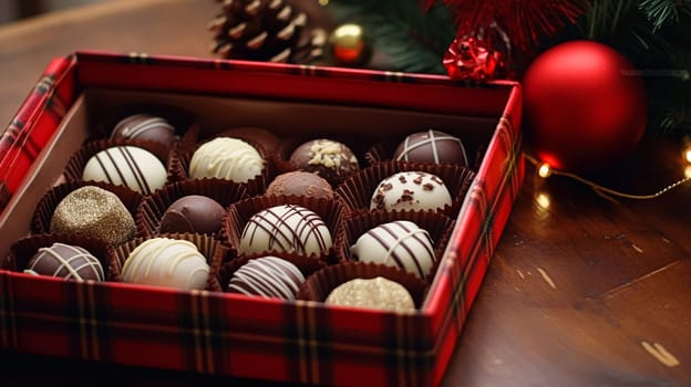 Christmas present, holidays and celebration, box of chocolate pralines, winter holiday gift idea