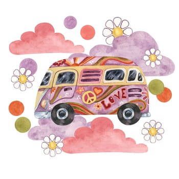 pink purple clouds, groovy hippie camper van and daisies. Print tee with flowers. Retro Trippy bus car for road trip in 70s, 60s style. Nostalgic clipart. Hand drawn vintage graphic t shirt