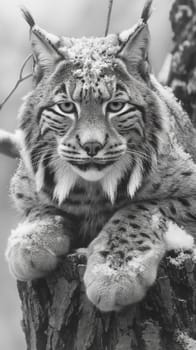 A wild eurasian lynx in nature on a tree, black and white photo