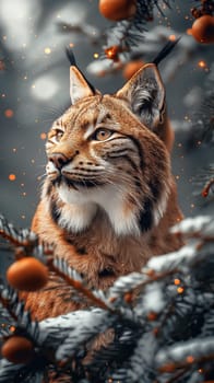 A wild eurasian lynx in nature near a christmas tree