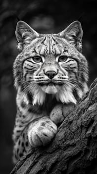 A wild eurasian lynx in nature on a tree, black and white photo