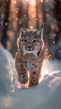 A cute and wild eurasian lynx walking in snow at winter in nature. wild animal in a forest