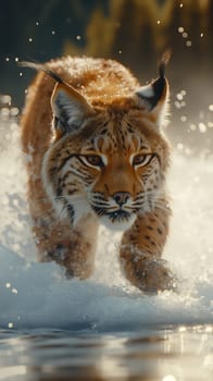 A wild eurasian lynx running in a river, on water. Animal in nature