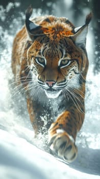 A wild eurasian lynx running in a river, on water. Animal in nature