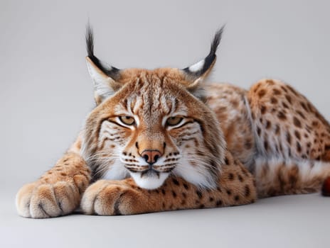 A wild eurasian lynx on a grey background