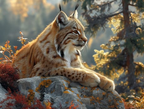 A wild eurasian lynx sitting on a rock