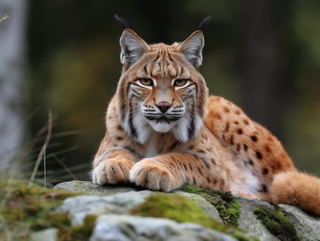 A wild eurasian lynx sitting on a rock in wildness