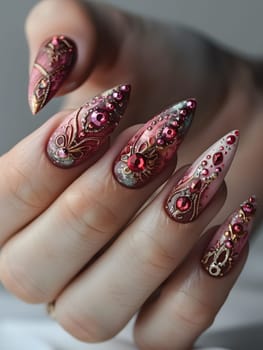 A closeup of a womans nails adorned with a creative magenta design, showcasing her attention to detail and love for nail care and body jewelry