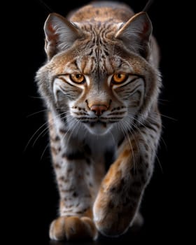 A wild eurasian lynx on dark black background