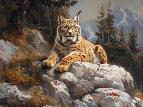 An illustration of a wild eurasian lynx sitting on a rock