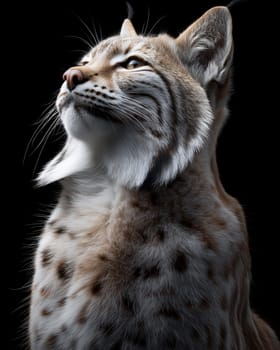 A wild eurasian lynx on dark black background