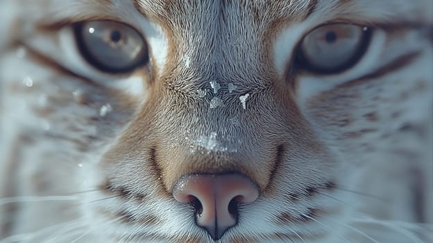 A close up of a wild eurasian lynx in nature with snow at winter