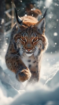 A wild eurasian lynx on snow running in nature