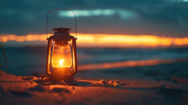 A lantern illuminates the sandy beach at sunset, casting a warm glow over the water and painting the horizon in a beautiful dusk landscape AIG50
