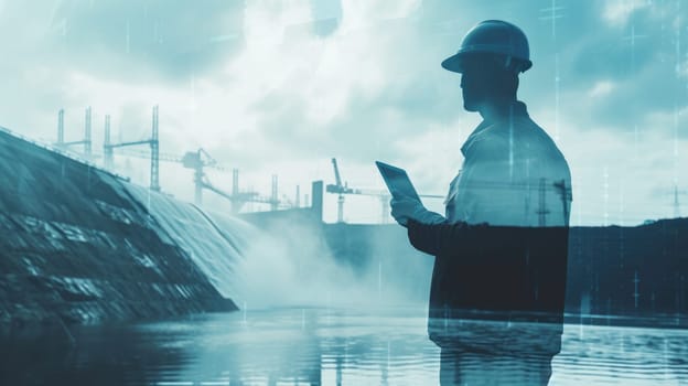 Double exposure with professional smart civil engineer with safety helmet or hard hat holding tablet and planning strategy at construction site. Skilled industrial worker checking at tablet. AIG42.