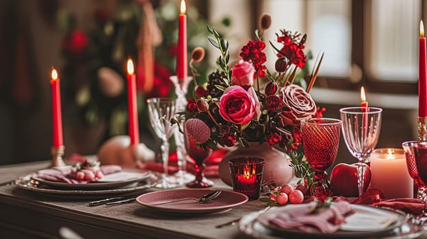 Valentines day tablescape and table decor, romantic table setting with flowers, formal dinner and date, beautiful cutlery and tableware design
