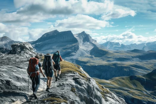 A group of friends on a hiking adventure, panoramic mountain views, capturing the spirit of friendship and exploration. Resplendent.