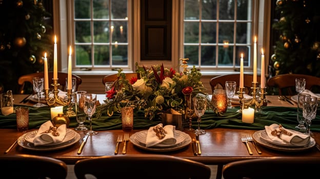 Christmas at the manor, holiday tablescape and dinner table setting, English countryside decoration and festive interior decor