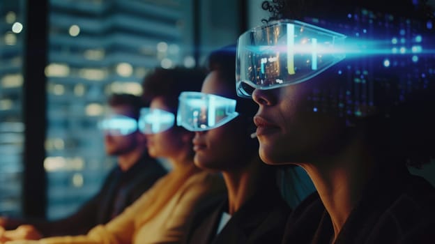 Skilled business people wearing VR glasses while planning strategy. Skilled project manager analyzing marketing data while talking and checking at financial plan.Technology innovation concept. AIG42.