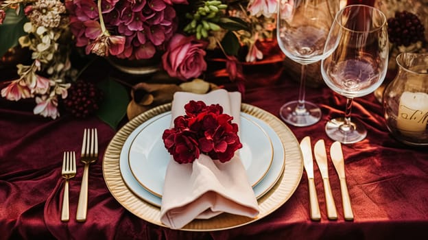 Wedding or formal dinner holiday celebration tablescape with hydrangea flowers in the English countryside garden, table setting and wine, floral table decor for family dinner party, home styling inspiration