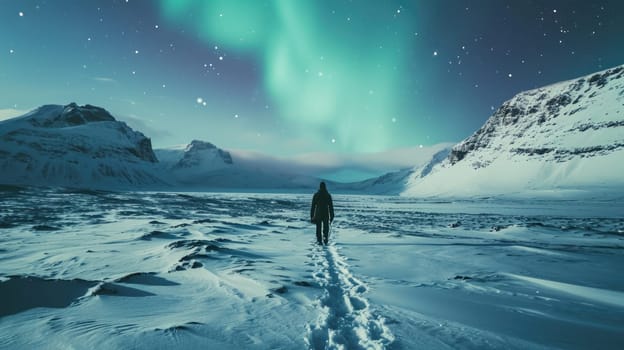The picture of young or adult human that walking in the north pole or south pole and staring into the sky that fill with aurora and star in the night time yet the bright with aurora or star. AIGX03.