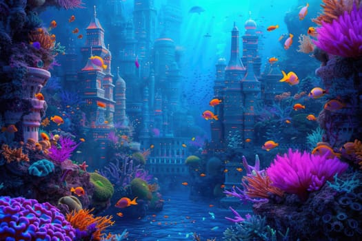 An underwater city with bioluminescent coral, schools of colorful fish, and ancient ruins, all illuminated by the eerie glow of an underwater volcano. Resplendent.