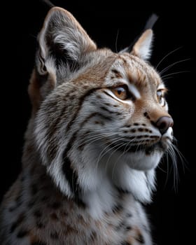 A wild eurasian lynx on dark black background