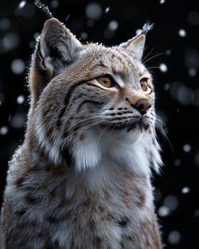 A wild eurasian lynx on dark black background