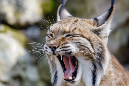 A wild eurasian lynx yawing in a forest