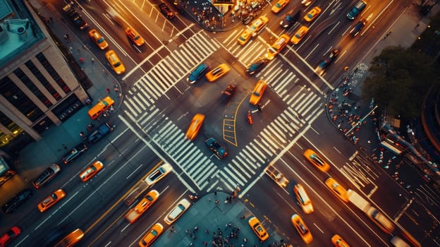 Overhead shot of a bustling city crosswalk with yellow taxis and pedestrians, capturing the vibrant urban life during rush hour. Resplendent.