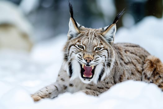 A wild and angry eurasian lynx hunting in nature, roaring on the snow at winter