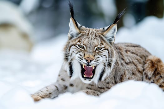 A wild and angry eurasian lynx hunting in nature, roaring on the snow at winter