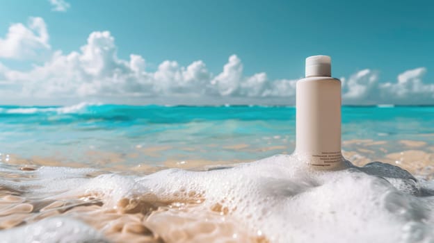 A bottle of perfume rests on the sandy beach as the sun sets over the tranquil water, casting a dreamy light on the fluid horizon and painting the sky with soft clouds AIG50