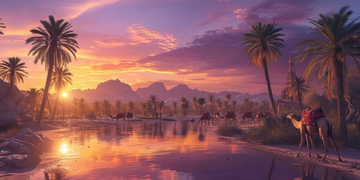 A tranquil oasis scene at sunset with silhouettes of camels and towering palm trees reflected in water. Resplendent.