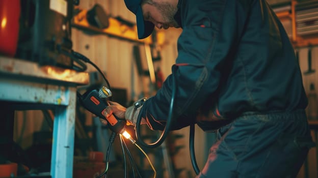 A technician connects an electric vehicle to a home charging station, illustrating the integration of renewable energy in daily life. AIG41