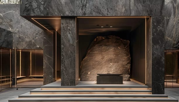 A fixture made of composite material, resembling a large rock, is positioned in the center of the symmetrical room within the historic building